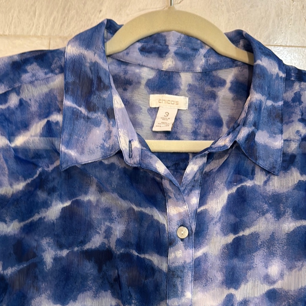 Chico's Blue Tie-Dye Sheer Button Down Shirt